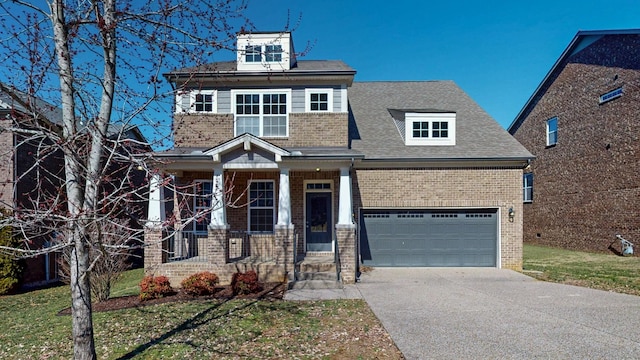 view of front of property featuring a garage, concrete driveway, brick siding, and a shingled roof