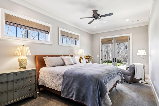 bedroom featuring recessed lighting, baseboards, access to exterior, french doors, and dark colored carpet