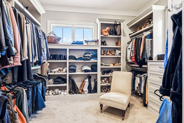 walk in closet featuring light colored carpet