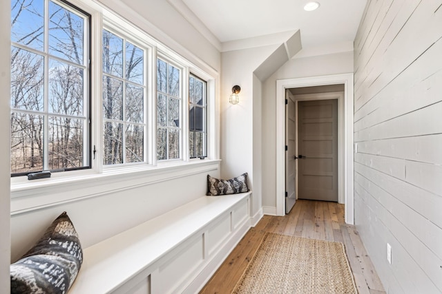 mudroom with light wood-type flooring and recessed lighting