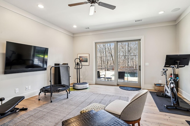 workout room with recessed lighting, visible vents, ceiling fan, wood finished floors, and baseboards