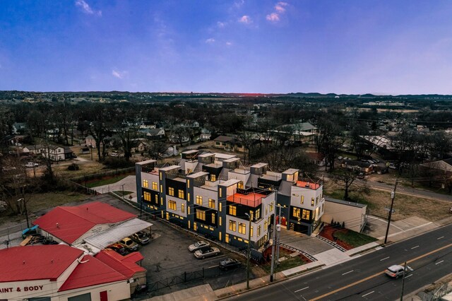 view of aerial view at dusk