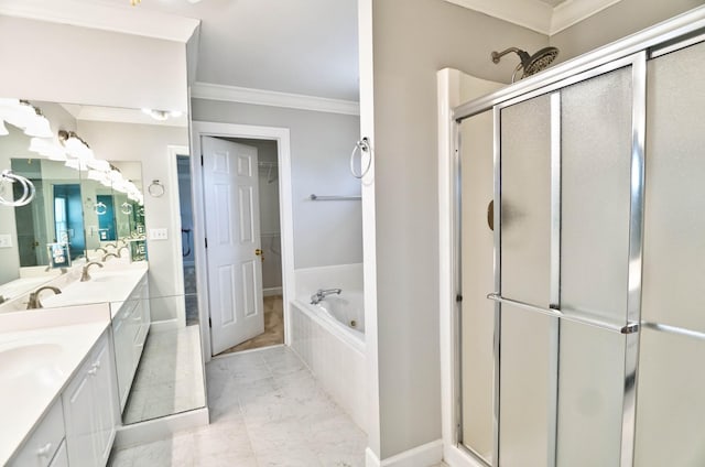 bathroom with a garden tub, crown molding, double vanity, a stall shower, and a sink