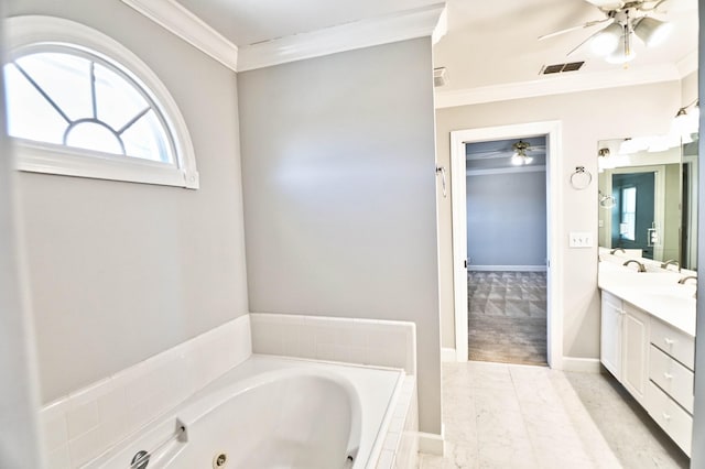 full bathroom with ornamental molding, visible vents, ceiling fan, and a tub with jets