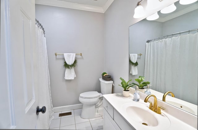 full bathroom with toilet, ornamental molding, vanity, baseboards, and tile patterned floors