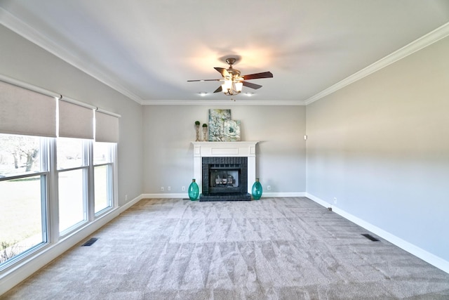 unfurnished living room with a fireplace, carpet flooring, visible vents, and baseboards