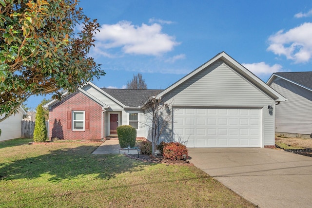 ranch-style home featuring a garage, brick siding, driveway, and a front lawn