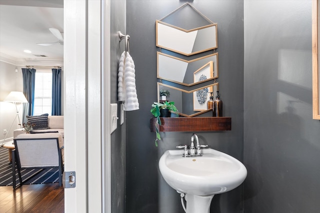 bathroom featuring a sink, ornamental molding, wood finished floors, and a ceiling fan