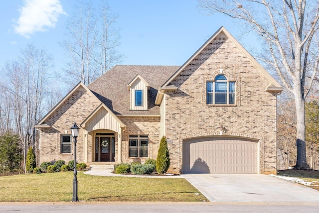 view of front facade featuring an attached garage, brick siding, concrete driveway, roof with shingles, and a front lawn