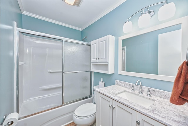 bathroom with toilet, combined bath / shower with glass door, crown molding, and vanity