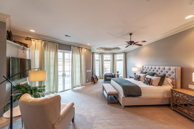 bedroom with recessed lighting, light carpet, visible vents, access to exterior, and ornamental molding