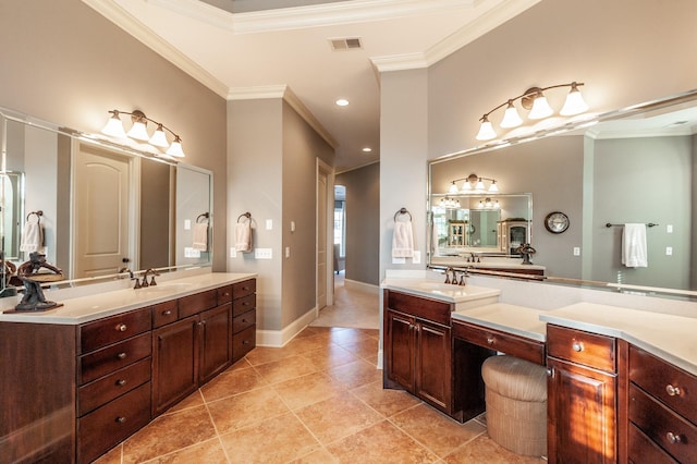 full bathroom with visible vents, crown molding, vanity, and baseboards