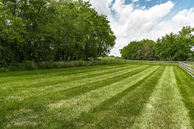 view of yard with fence and a rural view