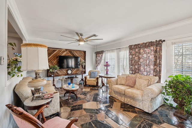 living area featuring ornamental molding and a healthy amount of sunlight