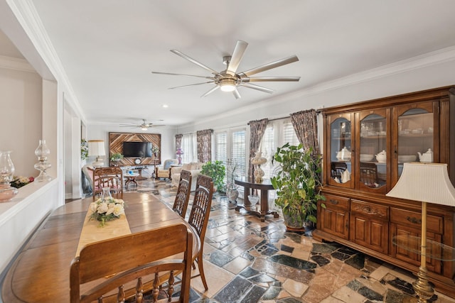 dining area featuring stone tile floors, ceiling fan, and crown molding