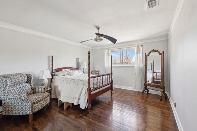 bedroom featuring dark wood finished floors, visible vents, ornamental molding, a ceiling fan, and baseboards