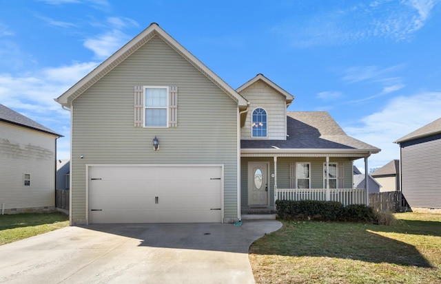 traditional-style house featuring a porch, a front yard, concrete driveway, and a garage