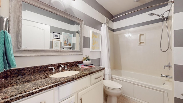 bathroom with toilet, vanity, and shower / tub combo with curtain