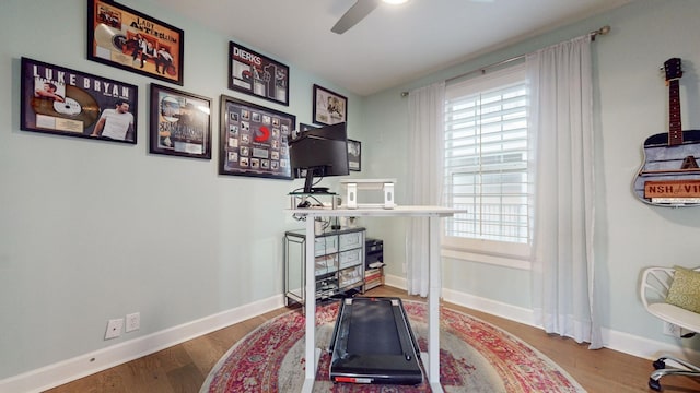 exercise room with ceiling fan, baseboards, and wood finished floors