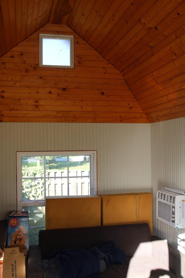 interior space with lofted ceiling, wooden ceiling, and cooling unit