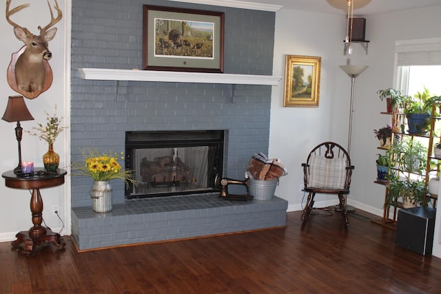 sitting room with dark wood-style flooring, a fireplace, and baseboards