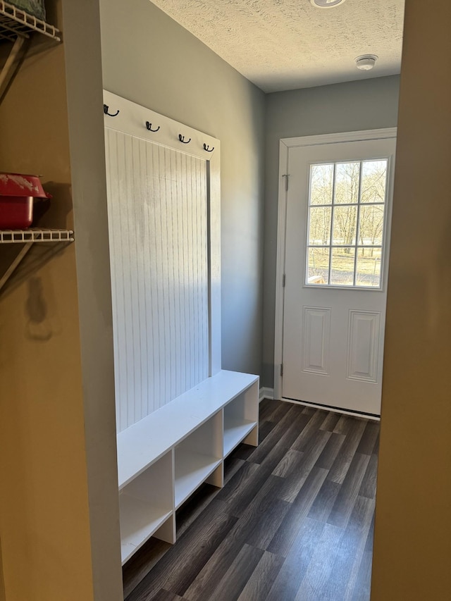 mudroom with a textured ceiling and dark wood-style flooring