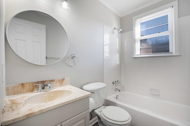 full bathroom featuring  shower combination, crown molding, vanity, and toilet