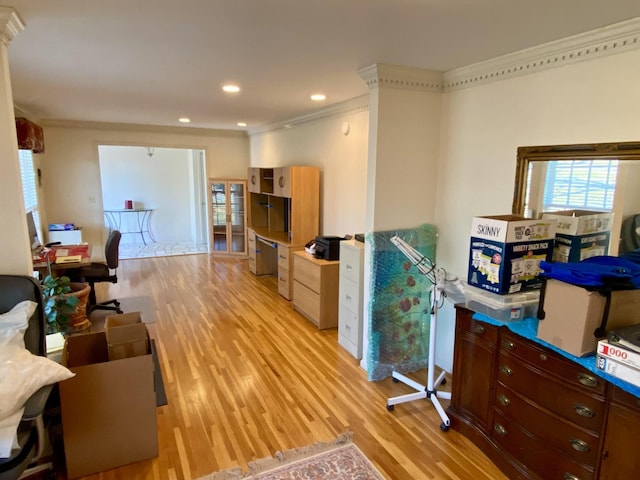 interior space with recessed lighting, light wood-style flooring, and crown molding