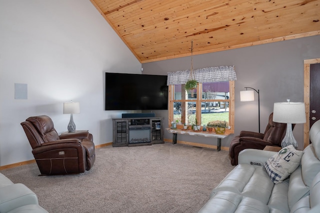 living room featuring high vaulted ceiling, carpet flooring, wood ceiling, and baseboards