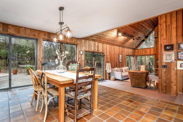 dining space featuring a wealth of natural light and wood walls