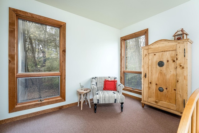 living area featuring carpet flooring and baseboards