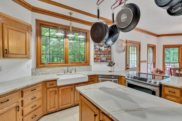 735 Keytown Rd, Portland, TN 37148 - kitchen featuring stainless steel appliances, a sink, plenty of natural light, decorative backsplash, and ornamental molding