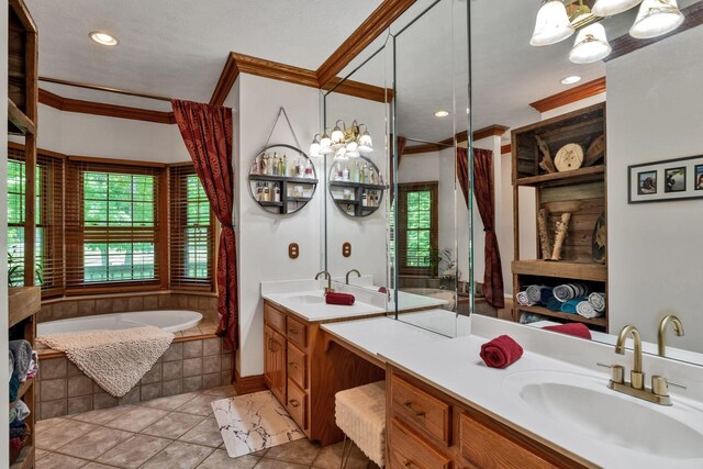 735 Keytown Rd, Portland, TN 37148 - bathroom featuring ornamental molding, vanity, a bath, tile patterned floors, and a chandelier