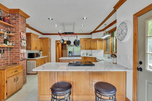 735 Keytown Rd, Portland, TN 37148 - kitchen with stainless steel appliances, a peninsula, ornamental molding, open shelves, and light stone countertops