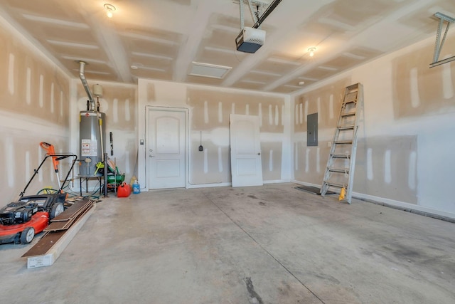 garage with water heater, electric panel, and a garage door opener