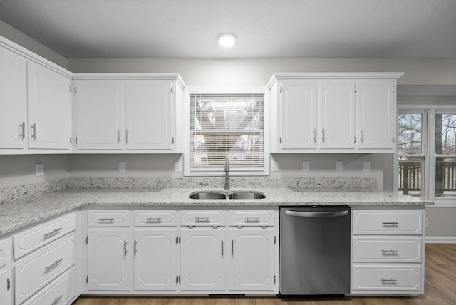 kitchen featuring stainless steel dishwasher, a sink, and white cabinets