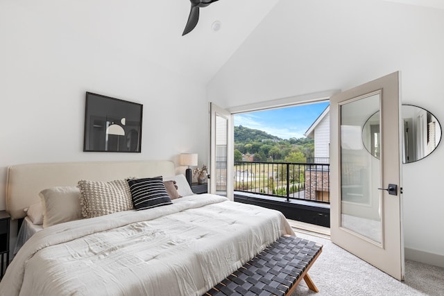 bedroom featuring a ceiling fan, access to outside, high vaulted ceiling, and carpet flooring