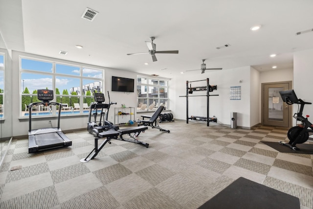 gym with light colored carpet, visible vents, and recessed lighting