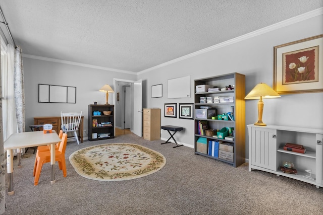 carpeted home office with baseboards, ornamental molding, and a textured ceiling