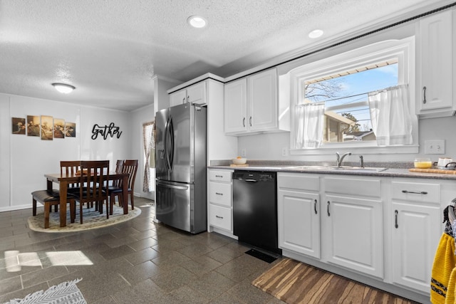 kitchen with black dishwasher, white cabinets, stainless steel fridge with ice dispenser, a textured ceiling, and a sink