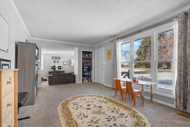 carpeted home office featuring ornamental molding, visible vents, a textured ceiling, and baseboards