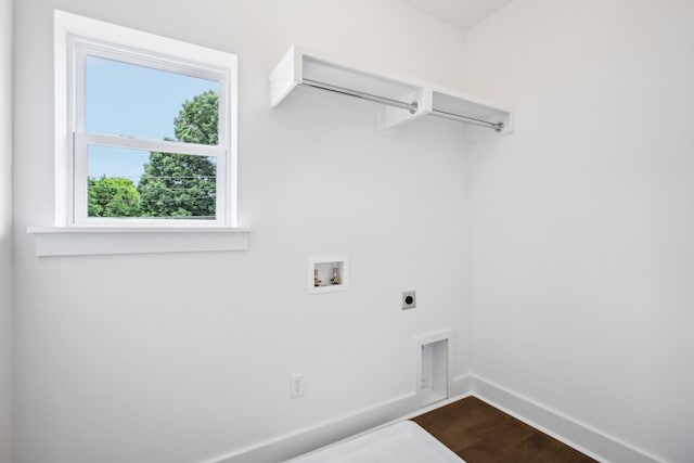 laundry room featuring laundry area, baseboards, wood finished floors, washer hookup, and electric dryer hookup