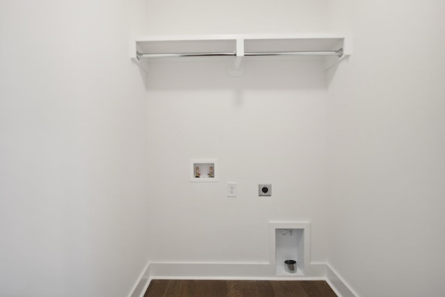 washroom featuring laundry area, baseboards, dark wood-style flooring, hookup for an electric dryer, and washer hookup