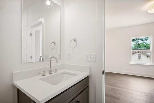 bathroom featuring wood finished floors, vanity, and baseboards