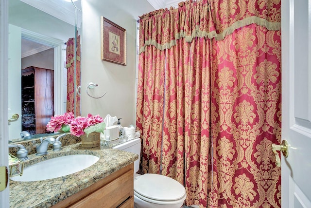 full bathroom with ornamental molding, vanity, toilet, and a shower with curtain