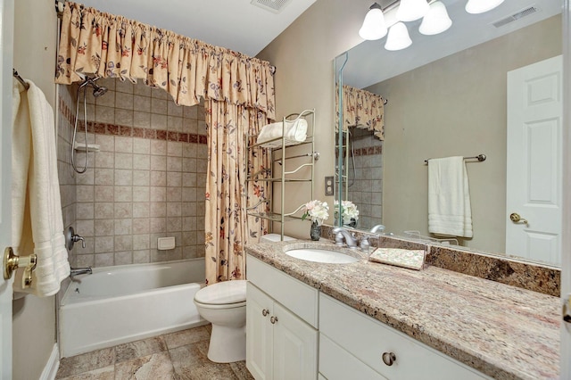 full bath featuring toilet, shower / bath combination with curtain, vanity, and visible vents