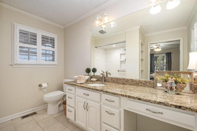 full bath featuring visible vents, toilet, tile patterned flooring, crown molding, and vanity