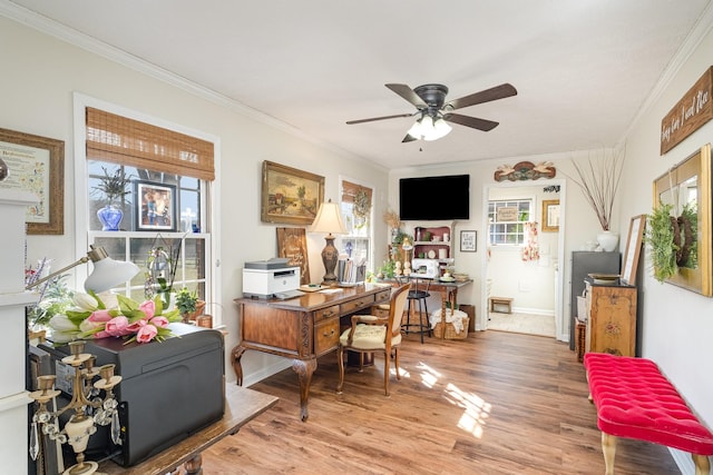 office space featuring ornamental molding, ceiling fan, light wood finished floors, and baseboards