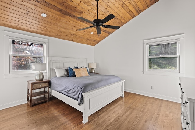 bedroom with a ceiling fan, wood ceiling, vaulted ceiling, light wood-type flooring, and baseboards