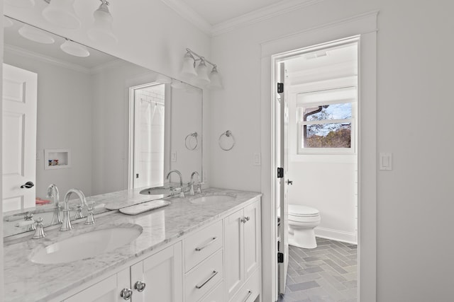 full bath featuring brick floor, crown molding, and a sink